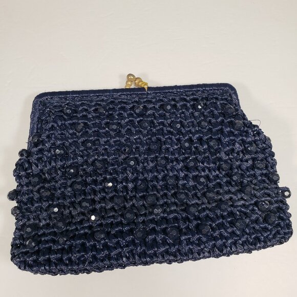 Styled by Simon Bag Navy Beaded Clutch Purse Evening Made in Italy Vintage - Picture 2 of 6
